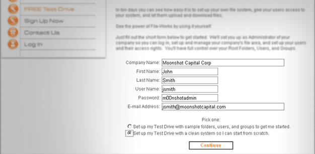 Enter a few bits of information on the Test Drive signup page.